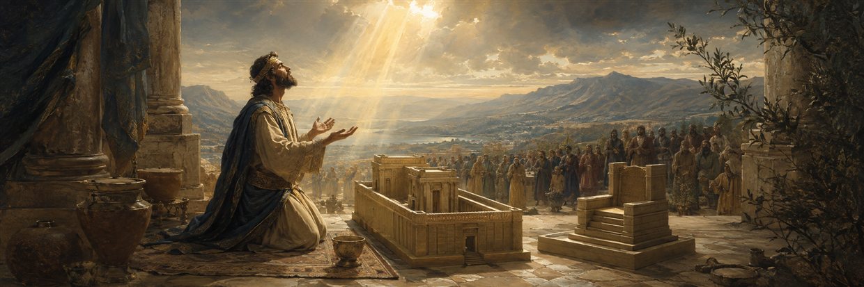 Solomon kneels beside temple plans and an empty judgment seat beneath a gentle shaft of heavenly light